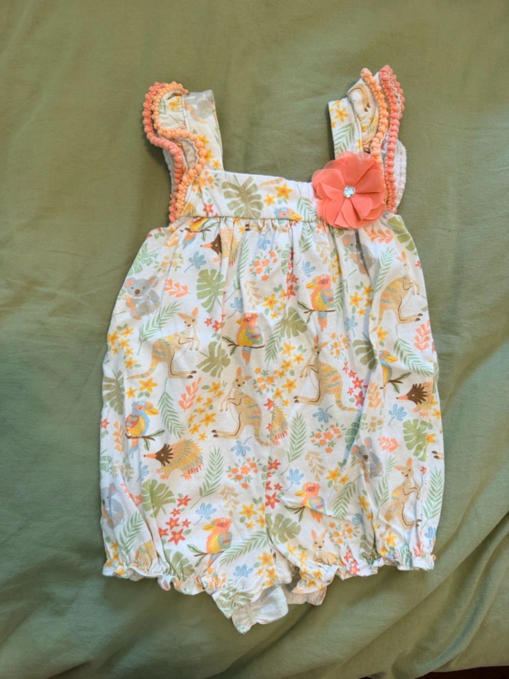 Good Lad White Baby Romper with Multicolor Floral & Coral Trim